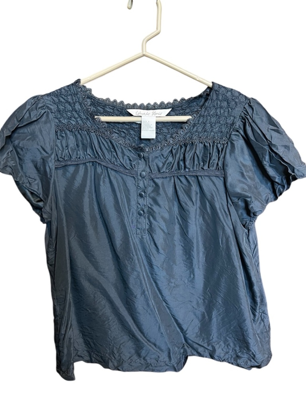 Edwardo Blanco Silk Blouse – Size Small – Elegant Blue with Lace Detail